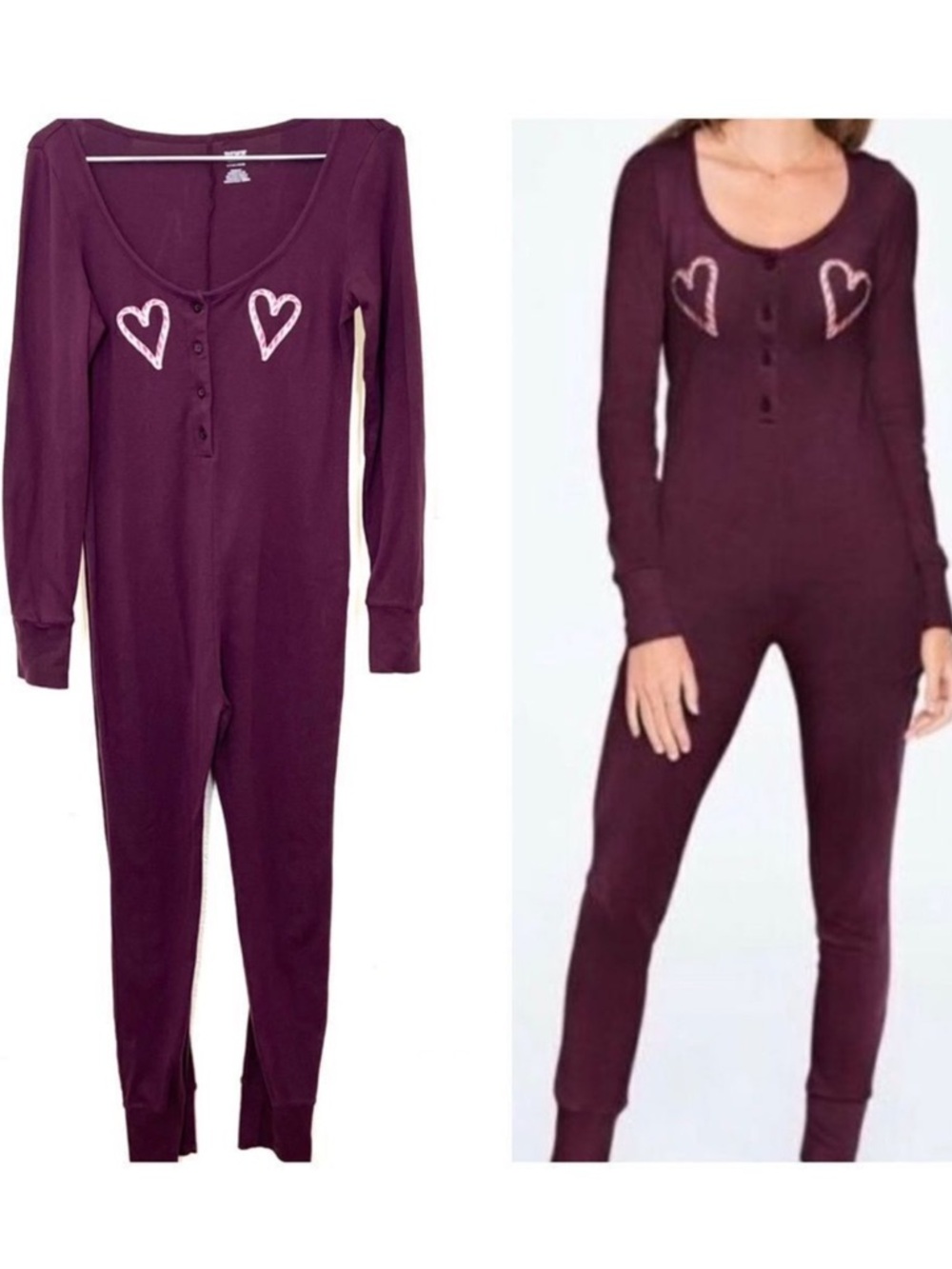 PINK Victoria’s Secret Candy Cane Heart Onesie Pajama Burgundy Christmas Size S